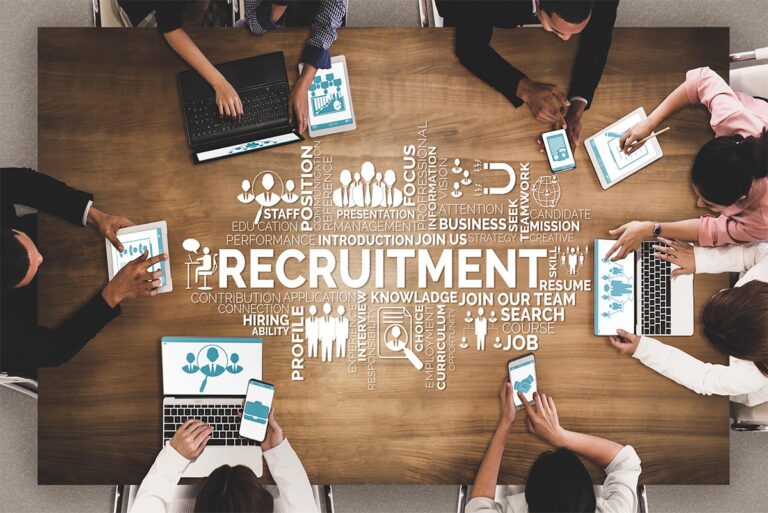 Human Resources Recruitment and People Networking Concept. Modern graphic interface showing professional employee hiring and headhunter seeking interview candidate for future manpower.